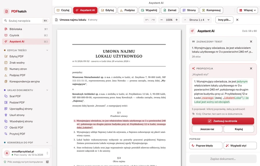 The AI assistant on a lease agreement: a selected clause on the page, and in the panel a proposal with corrections to accept and the “Apply to the page” button — light theme