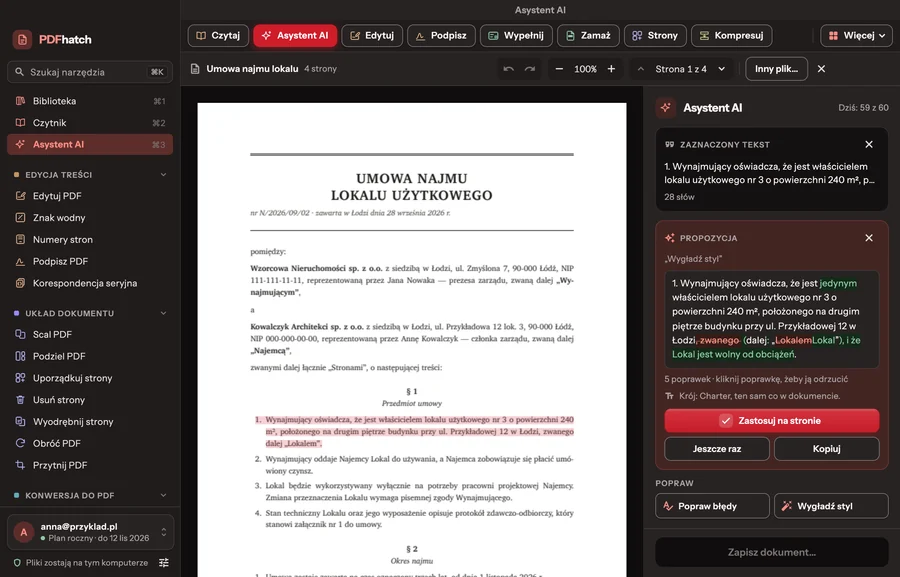 The AI assistant on a lease agreement: a selected clause on the page, and in the panel a proposal with corrections to accept and the “Apply to the page” button — dark theme
