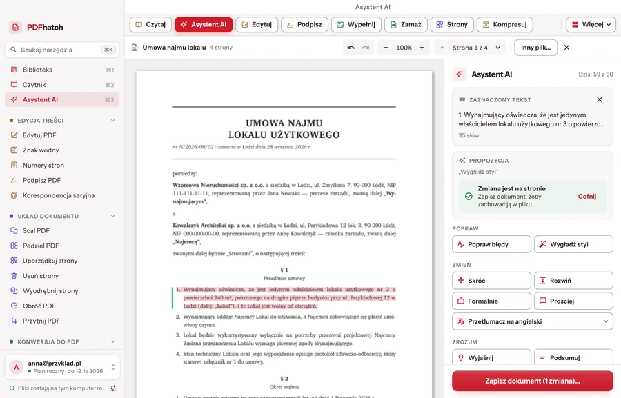 The AI assistant on a lease agreement after the corrections were accepted: the clause with its new text on the page, a mark beside the changed paragraph and the button that saves the document