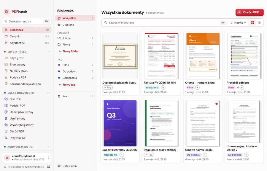 Biblioteka programu PDFhatch: osiem dokumentów z miniaturami, liczbą wersji i datą ostatniej zmiany