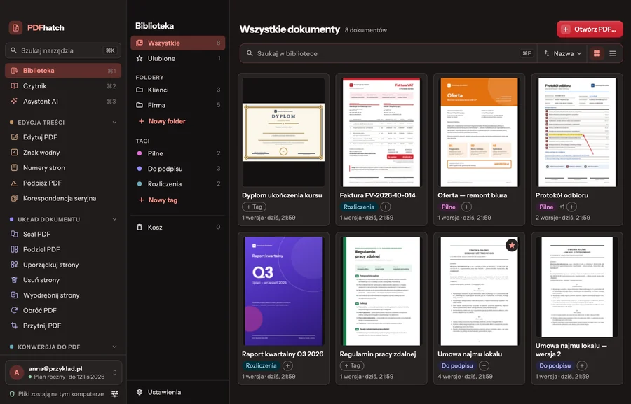 The library of the PDFhatch app: documents with thumbnails, tags, the number of versions and the date of the last change, with the list of tools on the left — dark theme