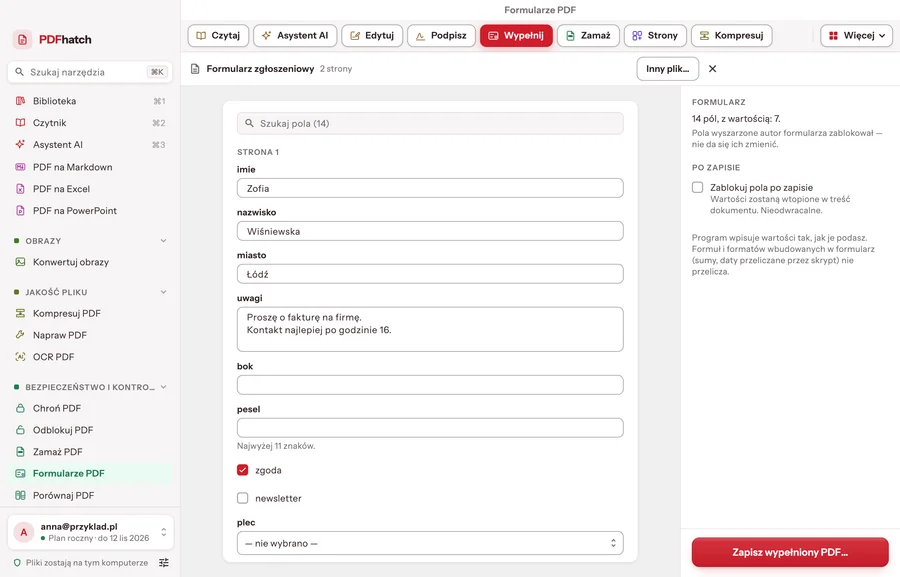 PDF forms: the fields of the document listed one below another — first name, surname, city, notes