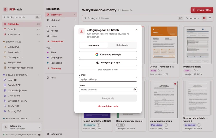The sign-in window for a PDFhatch account: Google, Apple or an e-mail address with a password