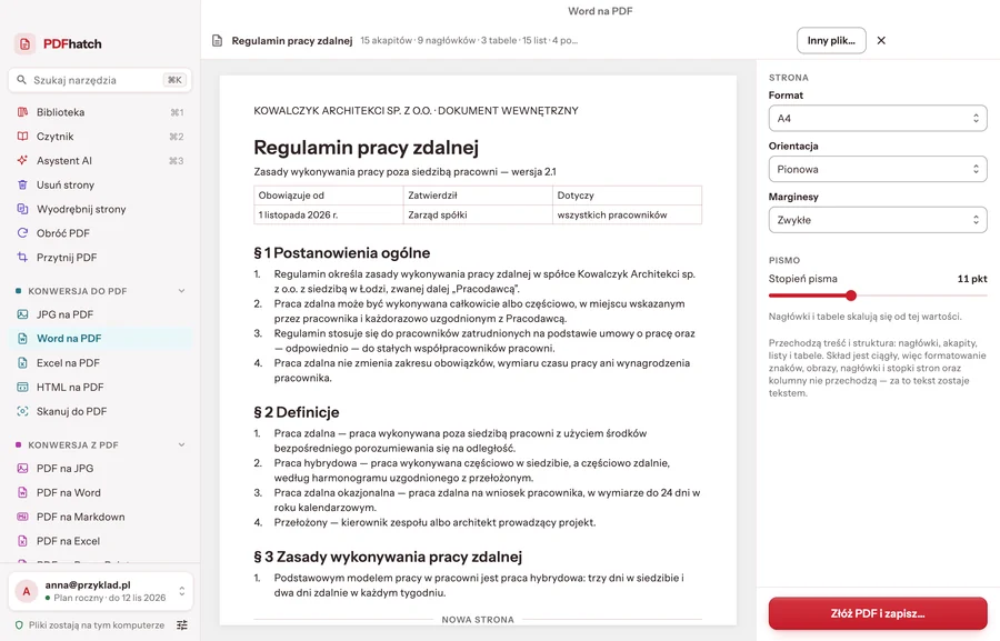 Word to PDF: a remote-work policy laid out in pages, with the format and type settings alongside