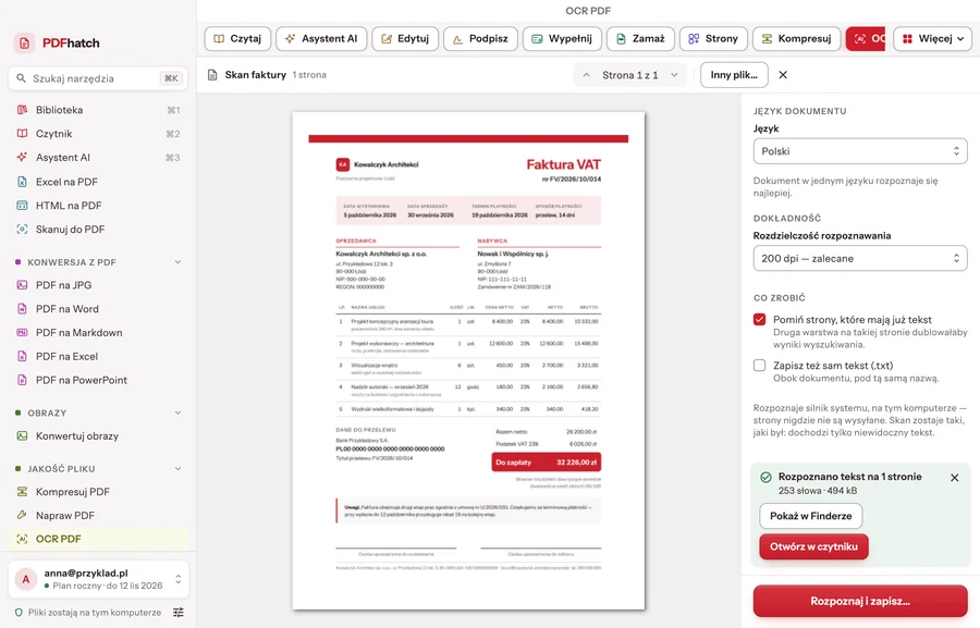 OCR PDF: a scanned invoice and the result card — text recognised on one page