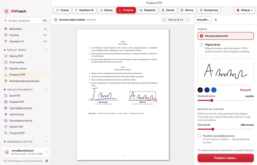 Sign PDF: a drawn signature placed above the signature line on the last page of a contract