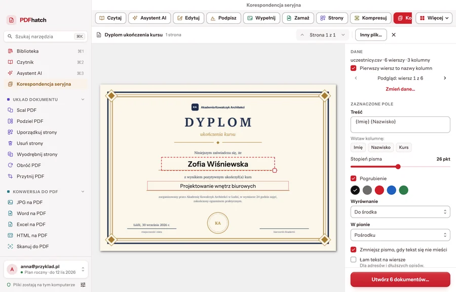Mail merge: a diploma with a field for the first name and surname, the participants' data loaded and a preview of the first row