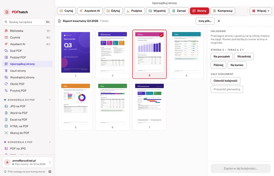 Organise pages: seven pages of a report in a grid of thumbnails, one selected to be moved