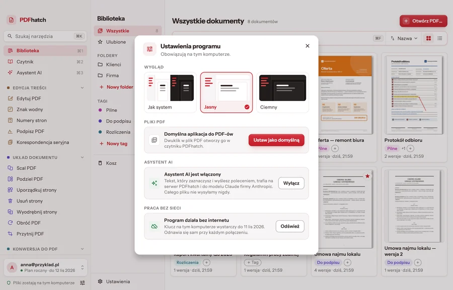 The Program settings window: choice of theme, the default app for PDFs and the state of offline work
