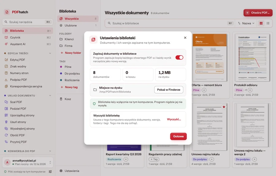 Rozwinięte ustawienia biblioteki: przełącznik zapisu, miejsce na dysku, czyszczenie