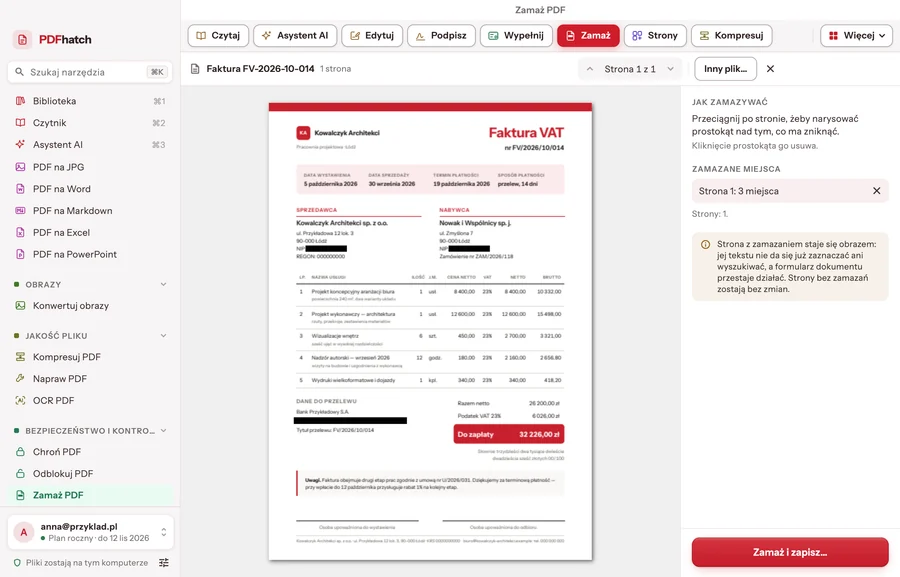 Redact PDF: black rectangles covering the tax number and the bank account number on an invoice