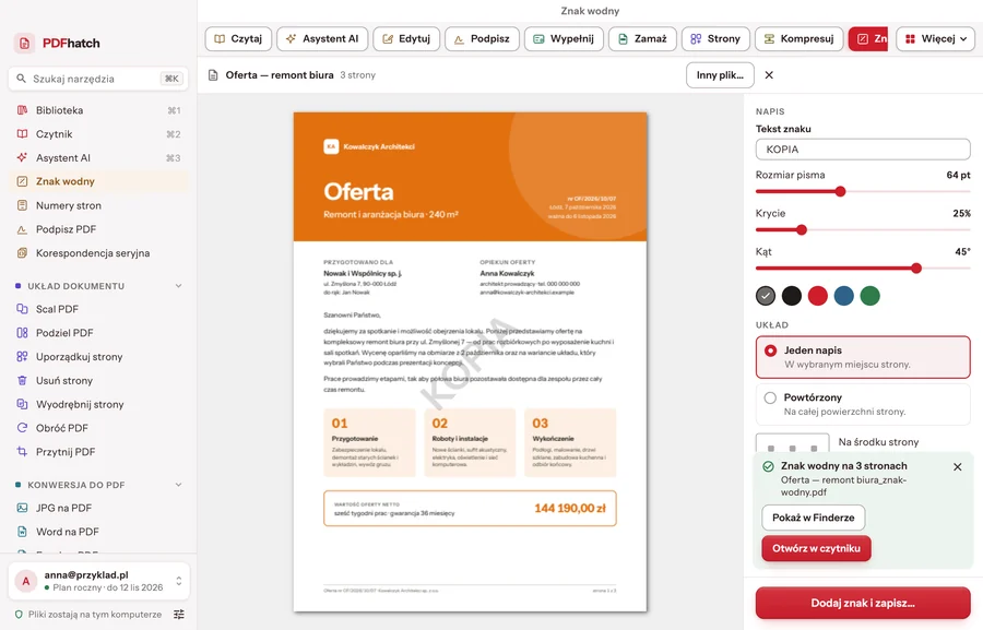 A “KOPIA” (copy) watermark on a quote: the document tabs above the tool, the settings of the text in the panel